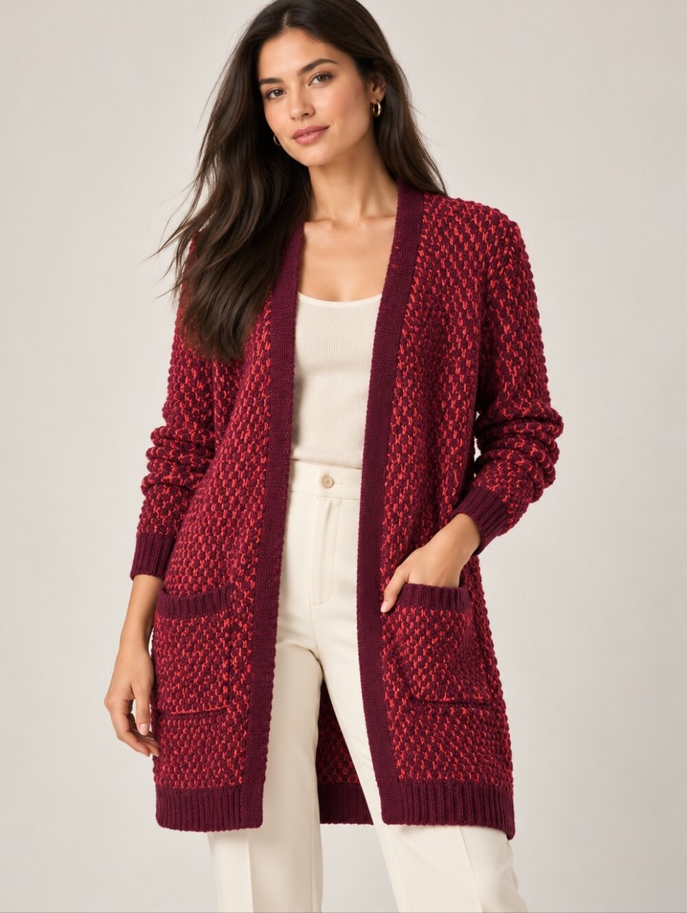 Grace & Lace Chunky Knit Open Front Cardigan Women's Medium Burgundy Coral